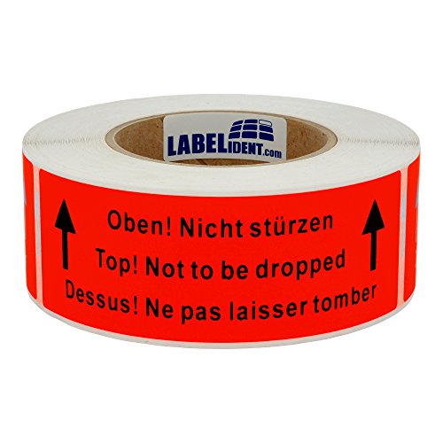 Labelident Warnetiketten 150 x 50 mm - Oben! Nicht stürzen! Top! Not to be dropped! Dessus! - 500 Versandaufkleber auf 1 Rolle(n), 3 Zoll (76,2 mm) Kern, Papier selbstklebend von Labelident