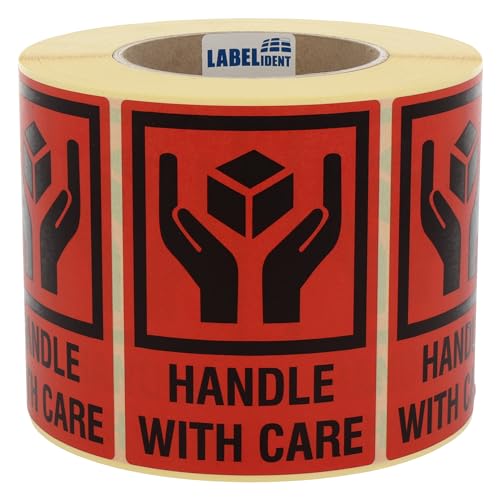 Labelident Warnetiketten 74 x 105 mm - handle with care - 1.000 Versandaufkleber auf 1 Rolle(n), 3 Zoll (76,2 mm) Kern, Papier selbstklebend von Labelident