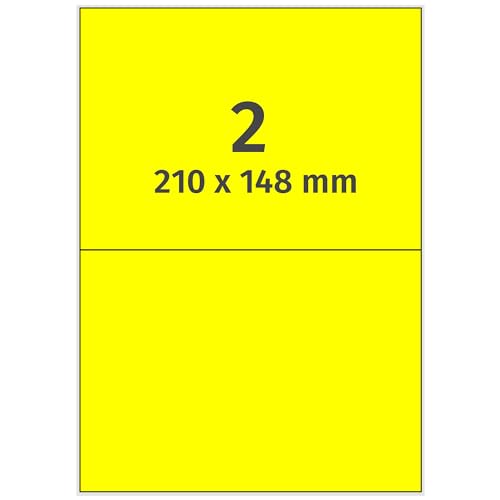 Labelident farbige Etiketten DIN A4 leuchtgelb - 210 x 148 mm - 200 Papier Farbetiketten auf 100 Blatt, Laser Etiketten farbig selbstklebend, bedruckbar von Labelident