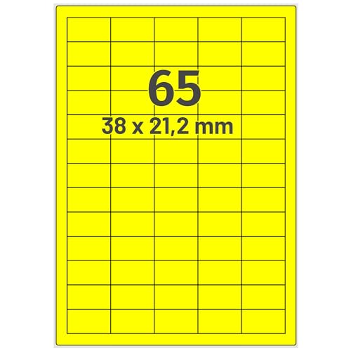 Labelident farbige Etiketten DIN A4 leuchtgelb - 38 x 21,2 mm - 6.500 Papier Farbetiketten auf 100 Blatt, Laser Etiketten farbig selbstklebend, bedruckbar von Labelident