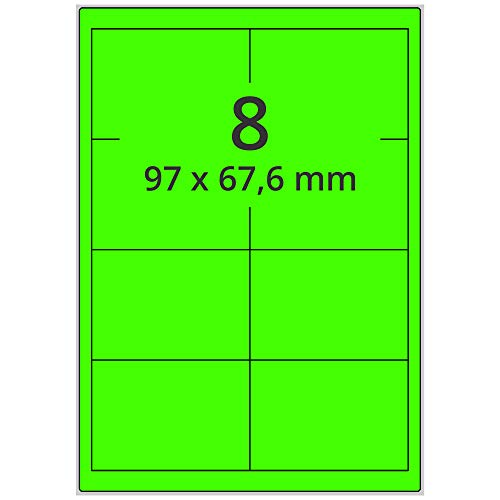 Labelident farbige Etiketten DIN A4 leuchtgrün - 97 x 67,6 mm - 800 Papier Farbetiketten auf 100 Blatt, Laser Etiketten farbig selbstklebend, bedruckbar von Labelident