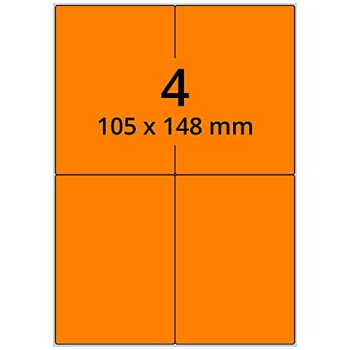 Labelident farbige Etiketten DIN A4 leuchtorange - 105 x 148 mm - 400 Papier Farbetiketten auf 100 Blatt, Laser Etiketten farbig selbstklebend, bedruckbar von Labelident