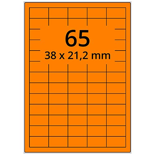 Labelident farbige Etiketten DIN A4 leuchtorange - 38 x 21,2 mm - 6.500 Papier Farbetiketten auf 100 Blatt, Laser Etiketten farbig selbstklebend, bedruckbar von Labelident