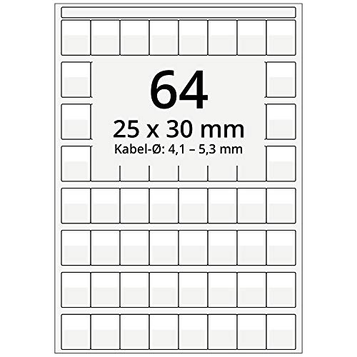 Labelident selbstlaminierende Kabeletiketten, transparent - 25 x 30 mm - 6.400 Kabelmarkierer selbstklebend auf 100 DIN A4 Bogen, glänzend, für Kabel-Ø 4,1 bis 5,3 mm von Labelident