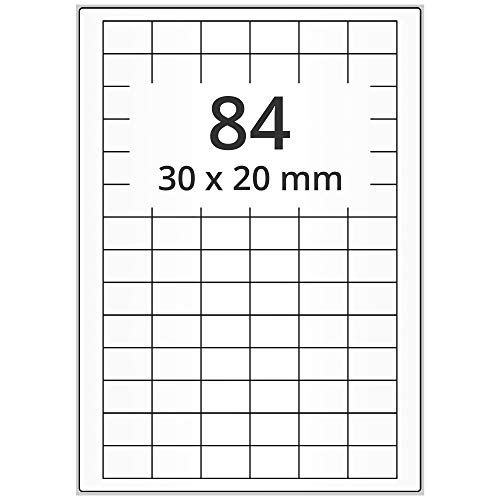 Labelident wetterfeste Folienetiketten weiß matt - 30 x 20 mm - 8.400 PET Polyester Etiketten feuchtigkeitsbeständig auf 100 DIN A4 Bogen, beschichtet, selbstklebend von Labelident