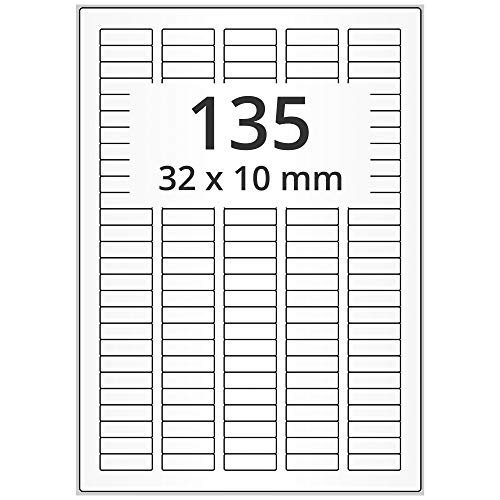 Labelident wetterfeste Folienetiketten weiß matt - 32 x 10 mm - 13.500 PET Polyester Etiketten feuchtigkeitsbeständig auf 100 DIN A4 Bogen, beschichtet, selbstklebend von Labelident