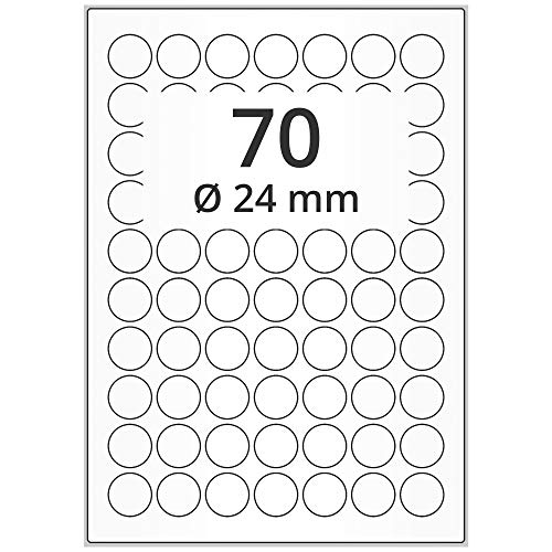 Labelident wetterfeste Folienetiketten weiß matt - Ø 24 mm rund - 7.000 PET Polyester Etiketten feuchtigkeitsbeständig auf 100 DIN A4 Bogen, beschichtet, selbstklebend von Labelident