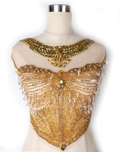 Labellezalady New Gold R Strass Mieder und Hals Applikation handgefertigt Glaskristall Applikation Patch für Kleid Stoff für Stück (Gold-23009) von Labellezalady