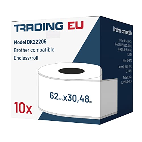 10x Label kompat. zu Brother DK22205 62 mm x 30,48 m endlos gelb + 1x wiederverwendbarer Wechselhalterung von Labeltrade