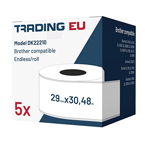 5x Label kompat. zu Brother DK22210 29 mm x 30,48 m endlos + 1x wiederverwendbarer Wechselhalterung von Labeltrade