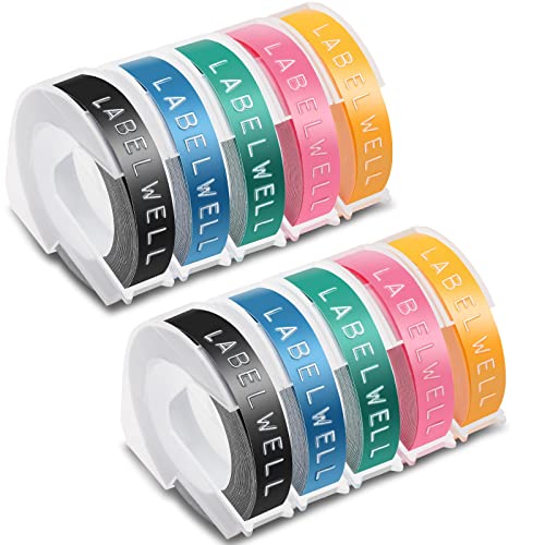 Labelwell 9mm x 3m Kompatibel Dymo Junior Etikettenband Ersatz für Dymo Omega Prägeband für Dymo Omega Etikettenprägegerät Junior Prägegerät E-303 101 Labelmaker, Schwarz/See Blau Grün/Pink/Gelb von Labelwell