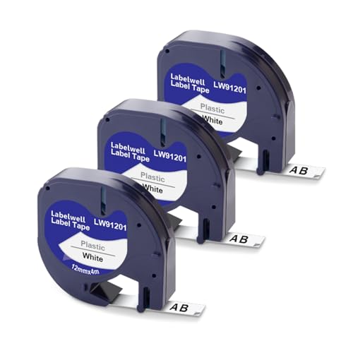 3x Labelwell Kompatibel Schriftband für Dymo Letratag Etikettenband als Ersatz für Dymo 91201/91221/ S0721660 Schwarz auf Weiß für Dymo Letratag XR LT-100H LT-100T 200B, 12mm x 4m von Labelwell