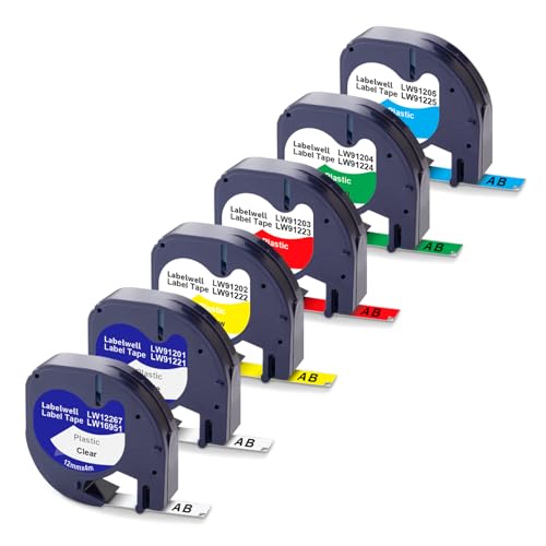 Labelwell 6x Kompatible für Dymo LetraTag Etikettenband 12mm x 4m Ersatz für Dymo 16951 91221 91222 91223 91224 91225 Schriftband für Dymo letratag XR 200B LT100H LT110T LT100T QX50 XM 2000 von Labelwell