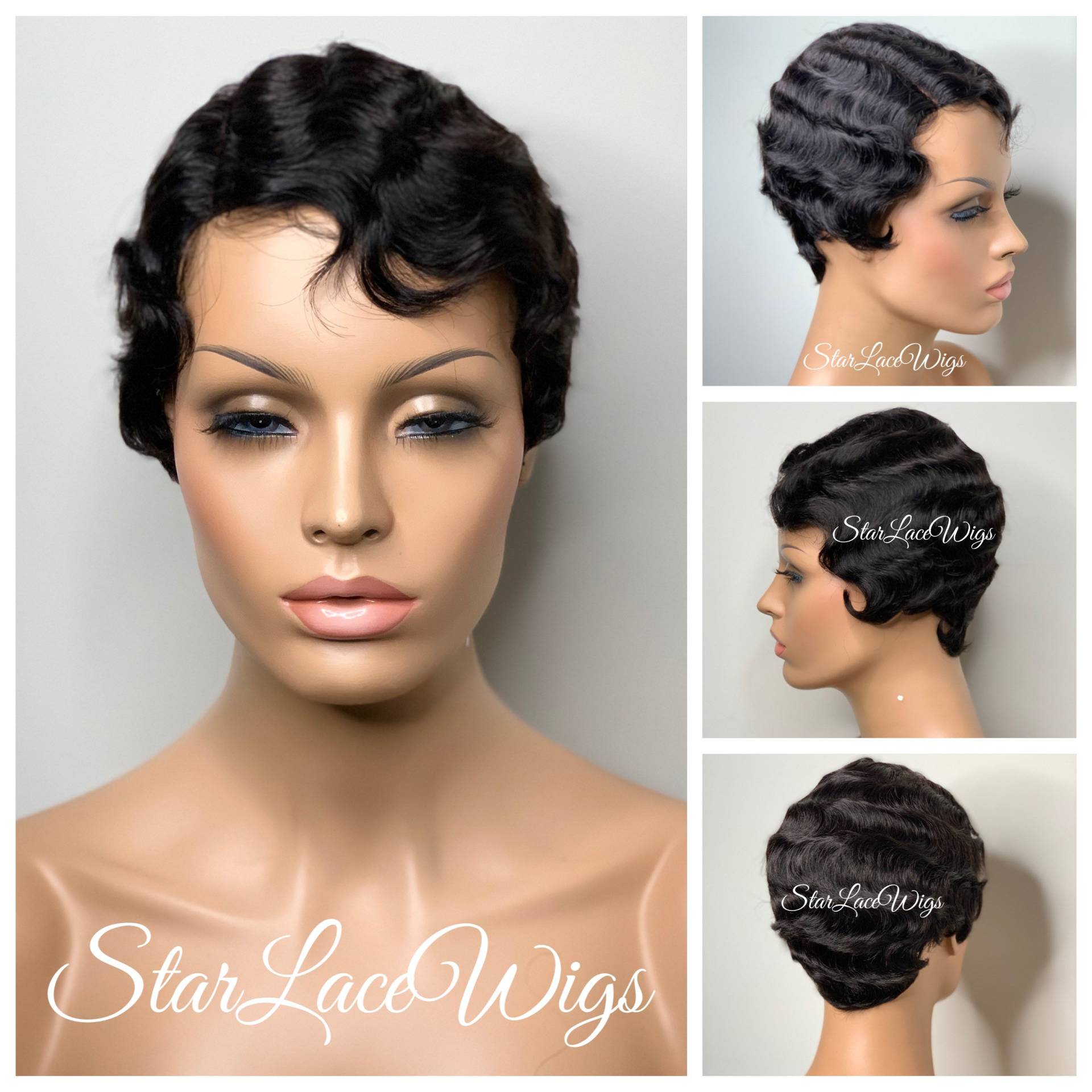 100% Echthaar Fingerwelle Pixie Perücke Flapper Keine Spitzenfront Kurze Haare Theaterkostüm Vintage Style Cut Seitenteil von LaceWiggs