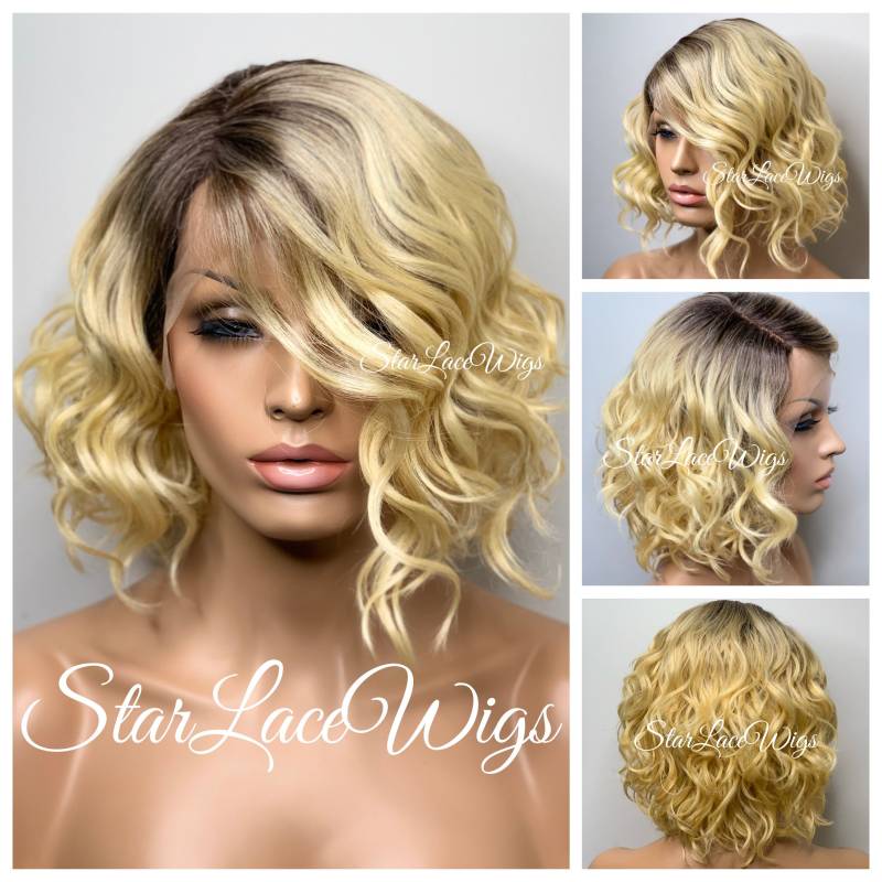 Lace Front Perücke Echthaar Mischung Gelb Golden Blonde Wellig Kurze Bob Dunkle Wurzeln Seitenteil Hitzebeständige Perücken Für Frauen von LaceWiggs