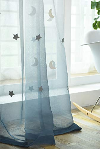 Lactraum Gardine Kinderzimmer Mädchen Junge Tranparent Bestickt Stern Mond Voile blau Gradient mit Ösen 100 x 245 cm (BxH) von Lactraum