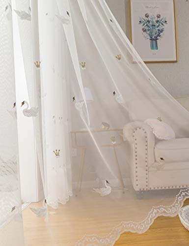 Lactraum Gardine Kinderzimmer Mädchen Prinzessin Transparent Weiß Bestickt Weiß Schwan Krone Voile mit Ösen 145 x 245 cm von Lactraum