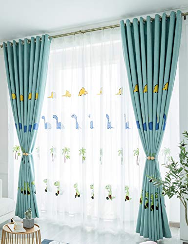 Lactraum Vorhänge Kinderzimmer Babyzimmer Transparent Weiß Bestickt Dinosaurier Kokosnussbaum Voile mit Universalband 100 x 245 cm von Lactraum