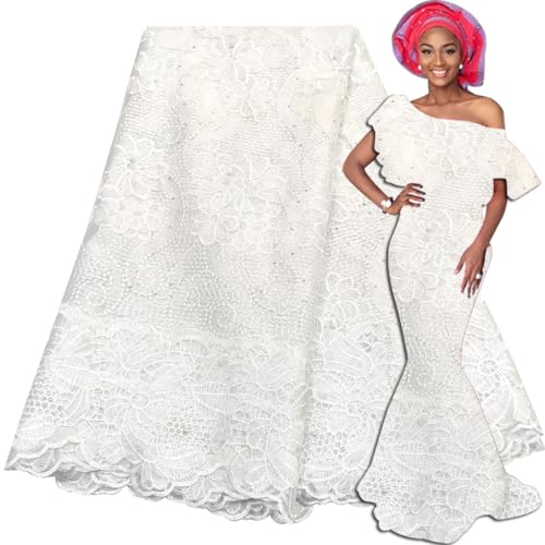 LadyQ 854LD Spitzenstoffe, afrikanische Schnur, hochwertige Steine, französische Hochzeit, afrikanische weiße Spitzenstoff, 2020, französische Braut-Spitzenstoff, Weiß von LadyQ