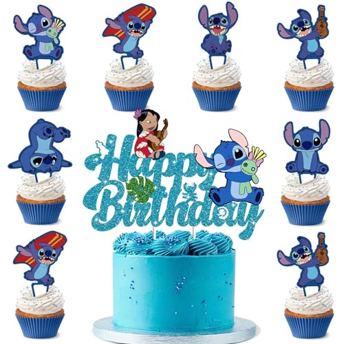 Lahe Stitch Kuchen Deko, Happy Birthday Tortendeko, Stich Tortendeko Geburtstag für Mädchen Junge Cake Topper Set für Party Dekoration Blauer Cartoon zum Kinder Torte(25 Stück) von Lahe