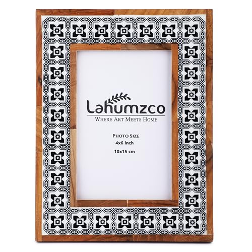 Lahumzco Maharaja Bilderrahmen, handgefertigt, Knochen, Blumen-Kunstmalerei, Vintage-Stil, Boho, Holz-Bilderrahmen für Tischplatte/Wanddekoration (15,2 x 10,2 cm, Schwarz und Weiß) von Lahumzco