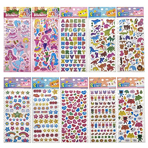 3D Aufkleber für Kinder,10 Bögen Sticker Set 3D Aufkleber Puffy Stickeralbum Mädchen Jungen Belohnungstafel Einschließlich Tiere Dinosaurier Regenschirm Stern Meerjungfrau Prinzessin Herz Buchstaben von Lahviuu