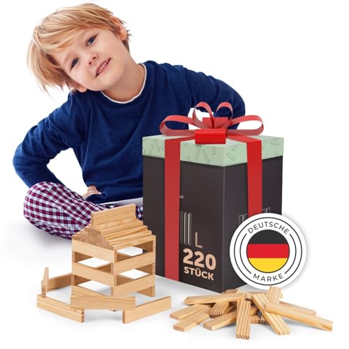 Laleni Holzbausteine Natur 220 Stück aus 100% unbehandelter Kiefer - Bausteine Holz - Holzklötze für Kinder - Holzklötzchen zum Spielen mit Box - Holzspielzeug - Bauklötze Holz - Holzstäbe zum Basteln von Laleni