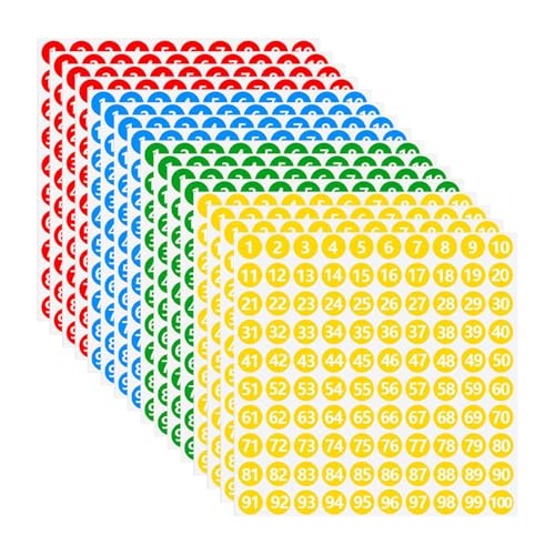 Zahlenaufkleber 16 Blätter, selbstklebende 1-100 Zahlenaufkleber, 10 mm runde wasserfeste Aufkleber, für Aufbewahrungsboxen, Schließfächer, Büros und Haus Klassifizierung (rot, gelb, blau, grün) von Laluky