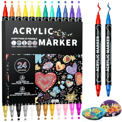 Lamitocs Acrylstifte für Steine Wasserfest, 24 PCS Dual Tip Acrylmarker Multimarker, Acrylic Paint Markers, Acrylfarben Stifte für Rock Painting Glas von Lamitocs