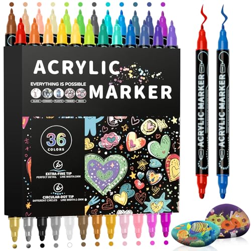 Lamitocs Acrylstifte für Steine Wasserfest, 36 PCS Dual Tip Acrylmarker Multimarker, Acrylfarben Stifte für Rock Painting Glas Kiesel Stein Keramik von Lamitocs