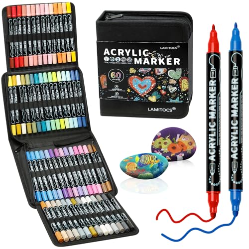 Lamitocs Acrylstifte für Steine Wasserfest, 60 PCS Dual Tip Acrylmarker Multimarker, Acrylfarben Stifte für Rock Painting Glas Kiesel Stein Keramik von Lamitocs