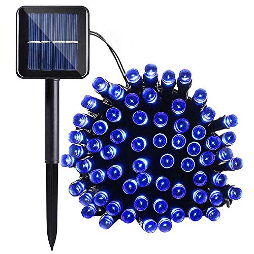 Lamker 12M 100er LEDs Lichterketten Solar Außen Blau LED Lichterkette Wasserdicht Grünes Kabel 8 Modi Dimmbar Solarlichterkette Beleuchtung Deko für Garten Terrasse Balkon Tor Hof Hochzeit von Lamker