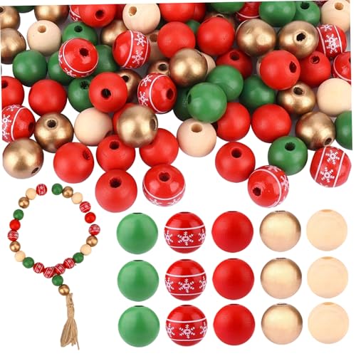 100pcs Holzperlen, Weihnachtsperlen 16mm Weihnachtsholzperlen 5 verschiedene Arten runde Perlen mit Hanpen Seil DIY Winter Holzperlen für Handwerk Weihnachtsbaumpartyzubehör Dekor Dekor von Lamppdcor