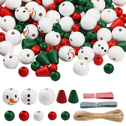 190pcs Weihnachten Holzperlen Rot/Grün/Weiß Runde und konische Weihnachtsperlen mit 1 Schnitt und 2 Gurtbüchern Holzperlen für Weihnachten DIY Crafts Jewelry Making von Lamppdcor