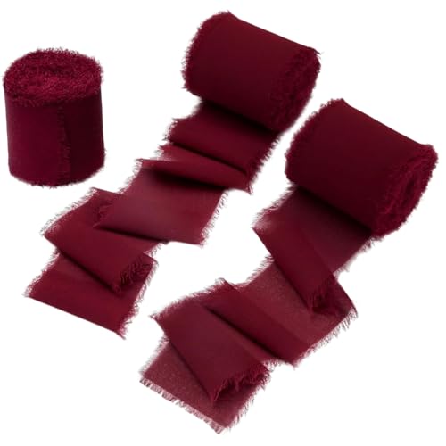 3 Rolls Wein Red Chiffon Ribbon - 2in x 5yard Fringe Ribbon, Cuttable Bouquet für Handwerk, Geschenkverpackung, Hochzeitseinladung von Lamppdcor