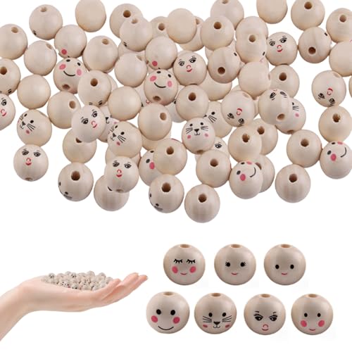 Glückliche Gesicht Perlen Lächeln Gesicht Perlen 70pcs 20mm 7 Muster Holz niedliche DIY losen glücklichen Gesicht Perlen Spacer Holzperlen für Bastelpuppenarmbandkette von Lamppdcor