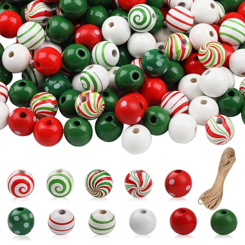 Holzperlen 320pcs Weihnachtsperlen 16mm Weihnachtsholzperlen 11 verschiedene Stile runde Perlen mit 32,8 Fuß Hanpen Seil DIY Winter Holzperlen für Handwerk Weihnachtsbaumpartyzubehör Dekor von Lamppdcor