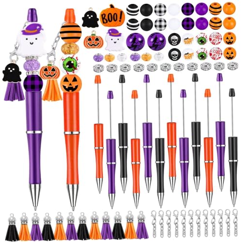 Lamppdcor 12 Set Halloween Crafting Stifte Plastikkräfel -Bulk -Kugel Kugelschreiber -DIY -Stift -Kit mit hölzernen Perlen Anhänger für Halloween -Schüler Teens School Office Supplies von Lamppdcor