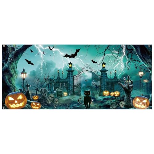 Lamppdcor Halloween Garagentor -Abdeckung Halloween Garagentor Banner 16x7 Fuß Halloween Hintergrund mit Haken und Seil, Horror Friedhof Halloween Garagentorabdeckung für Halloween -Foto -Hintergrund von Lamppdcor