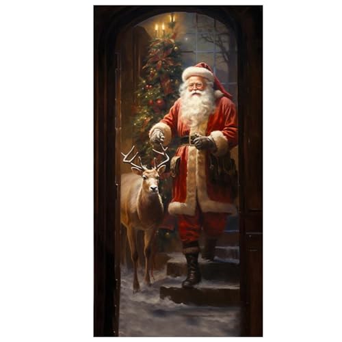 Lamppdcor Weihnachts -Tür -Cover 3x6.5ft Santa und Elch Weihnachten Banner, Polyester Hängende Weihnachtsbanner, Weihnachts -Santa -Hintergrund Banner für Heimattür Holiday Weihnachtsdekoration von Lamppdcor