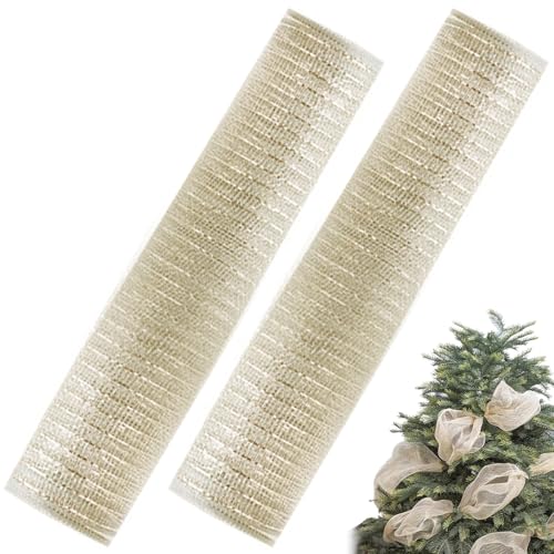 Weihnachtsbänder verdrahtet 2 Rollen Weihnachtsbaumband, 10 Meter Metallic Glitter Gold Wired Ribbon, Schluder Weihnachtskabelband für DIY Bastel Weihnachtsbaumkränze Girlande Geschenkverpa von Lamppdcor