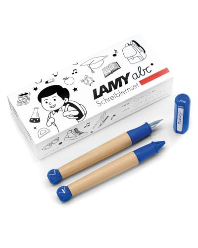 Lamy abc Schreiblernset blau inkl. Geschenkverpackung aus 1x kindgerechtem Schreiblernfüller mit Linkshänder Feder und 1x Bleistift, rutschfestes Griffstück, Kappe und Würfel aus Kunststoff von Lamy