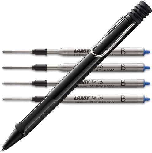 Lamy safari Kugelschreiber - mit ergonomischem Griff aus robustem ASA-Kunststoff - inkl. Großraummine M 16 in Strichbreite M in schwarz und 4 in blau B Bundle (M, black) von Lamy