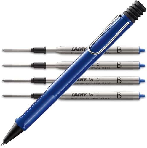Lamy safari Kugelschreiber - mit ergonomischem Griff aus robustem ASA-Kunststoff - inkl. Großraummine M 16 in Strichbreite M in schwarz und 4 in blau B Bundle (M, blue) von Lamy