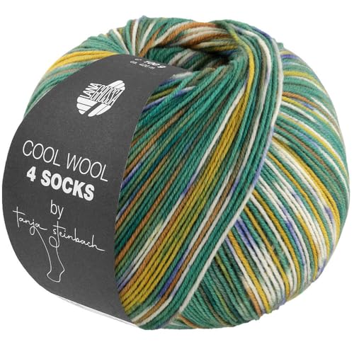 Lana Grossa COOL WOOL 4 SOCKS PRINT III 100 g 4-fach Sockenwolle by Tanja Steinbach 420 m, Farbe:7204 - Opalgrün/Senfgelb/Nougat/Weiß/Jeansblau von Lana Grossa