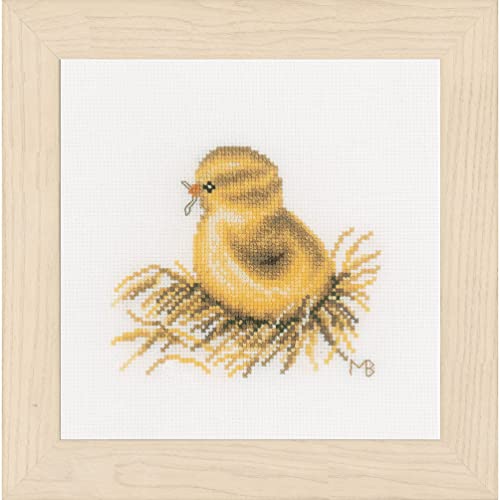 LanArte Kreuzstich Stickpackungen, Deko Bild im Kreuzstich Set vorgedruckt mit Stickbild auf 100% Baumwoll Stoff und Stickgarn, Stickvorlagen 13 x 13 cm mit Anleitung, Chick, von Lanarte