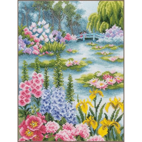 Lanarte Kreuzstich-Kits – Wandkunst ca. 24 x 33 cm Blumensee – DIY Kit Basteln Erwachsene Dekoration Weihnachtsgeschenk Kreuzstich Komplett-Set von Lanarte