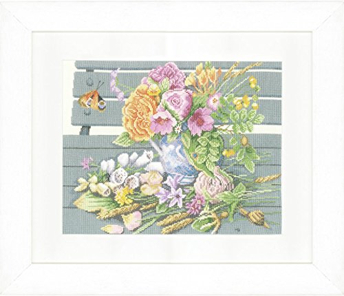 Lanarte Zählmusterpackung Blumen auf Bank Kreuzstichpackung, Baumwolle, Mehrfarbig, 36 x 28 x 0.3 cm von Lanarte