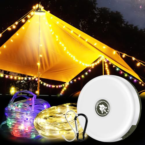 10M camping lichterkette, lichterkette aufrollbar, 3-in-1 Camping Fairy Lights Rollable Einstellbares Licht, 8 Modes Stowable Fairy Lights with Hooks für Garten Terrasse Baum Hof Party von Lanceasy