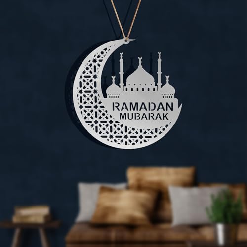 Lancry 20 x 20 cm Ramadan-Dekorationen, Acryl-Eid-Mubarak-Dekorationen für Zuhause mit Seil und Haken, Ramadan-Mubarak-Hängedekoration, Eid-Ornamente für islamische muslimische Partys (Silber) von Lancry